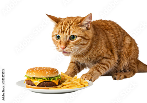 A Grumpy Ginger Cat and a Burger A Hilarious FoodRelated Photo isolated on transparent baackground