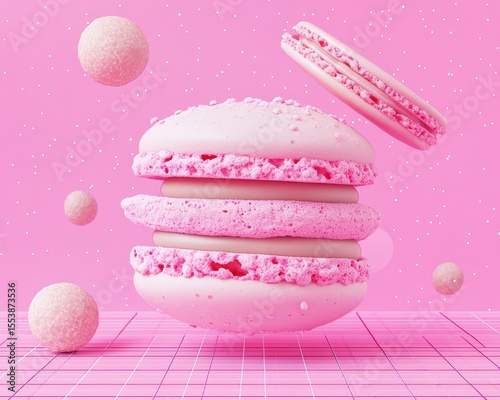 Pink macarons floating in a surreal, pastel pink environment with spherical elements and a grid floor, creating a whimsical and dreamy visual.