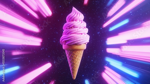 A pink ice cream cone floats against a cosmic starry background with vibrant neon light streaks surrounding it.