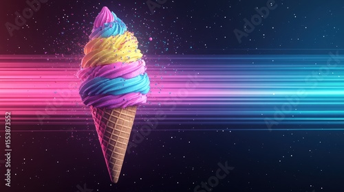 A vibrant, multicolored ice cream cone with neon light trails against a starry, cosmic background.