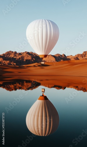 Hot Air Balloon Soaring Above Mountains With Reflection in Tranquil Water Bod...