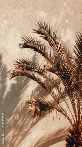 Palm Tree Shadows Creating Patterns on a Textured Wall in Warm Afternoon Light