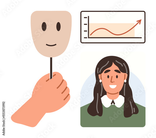 Hand holds mask covering emotions, woman smiling below upward growth chart. Ideal for psychology, disguise, business growth, success, mental health, emotions work-life balance. Simple flat metaphor