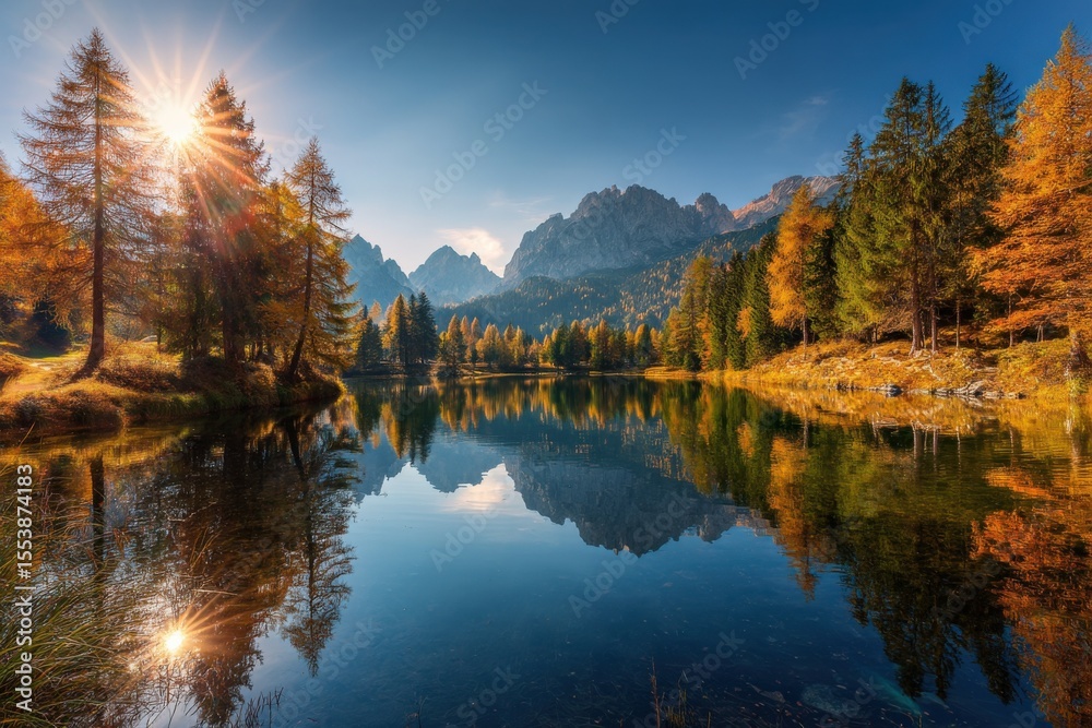 Naklejka premium Serene mountain lake surrounded by vibrant autumn forest and towe peaks under clear blue sky du bright sunny day