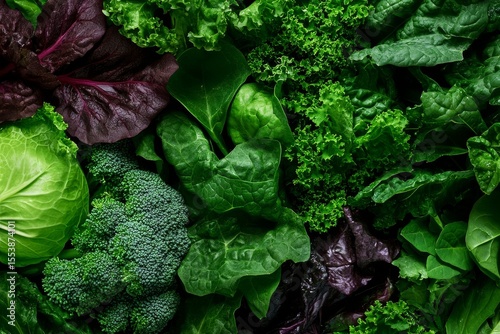 Fresh Assortment of Greens and Leafy Vegetables From a Local Market Displayed...