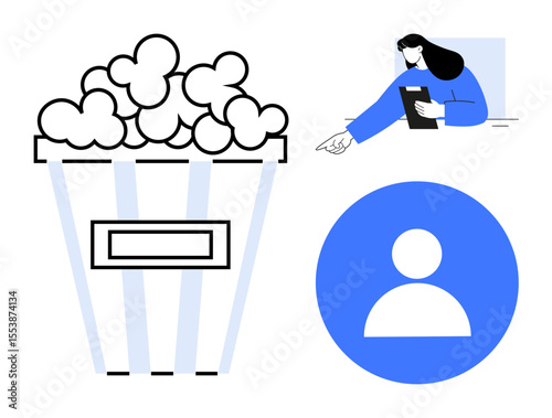 Bucket of popcorn, user profile icon, woman interacting with tablet. Ideal for entertainment, social media, user interface, online communication, streaming, leisure simple landing page
