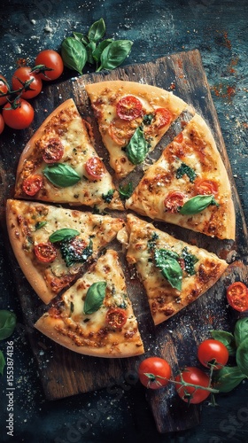 Delicious Pizza With Fresh Tomatoes and Basil on a Rustic Wooden Table.