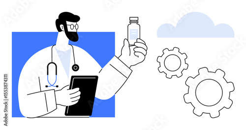 Doctor holding a medicine bottle, referencing medical innovation, technology, progress. Ideal for healthcare, telemedicine, innovation, research, pharmaceutical technology simple landing page
