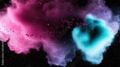 Pink, blue powder explosion; dark background; design element