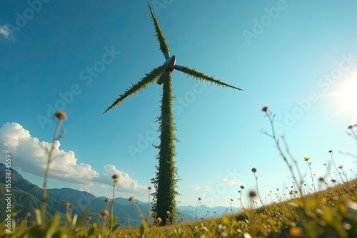 wind turbine on a green field, renewable enery generation