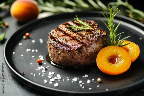 Delicious Grilled Steak Served With Apricots and Rosemary on a Black Plate