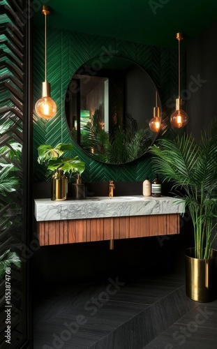 Elegant Bathroom Design Featuring Greenery and Stylish Lighting in a Modern S...