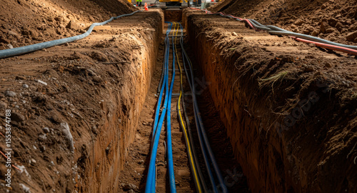 Underground trench with new internet cable installation. Digging a ditch for urban infrastructure and utility lines. Earthwork photo