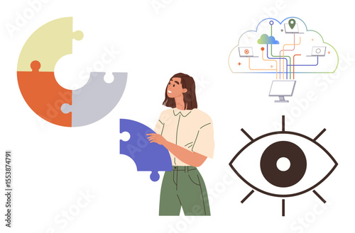 Woman holding a puzzle piece, circular puzzle, data cloud with network lines, and eye icon. Ideal for strategy, analysis, communication, vision problem-solving connectivity and solutions. Simple