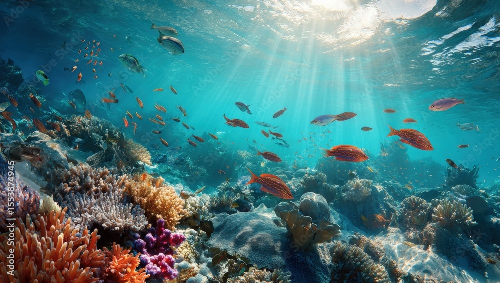 Fototapeta premium Vibrant colorful coral reef underwater scene with diverse fish and marine life in clear tropical ocean water sunlight rays