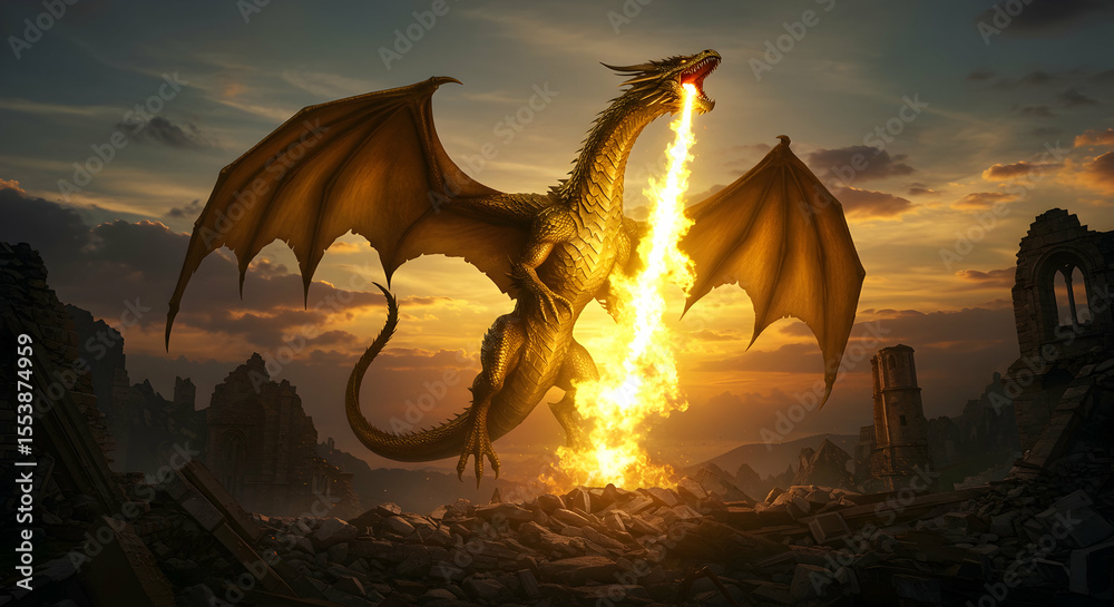 Obraz premium Golden Dragon Inferno Sunset