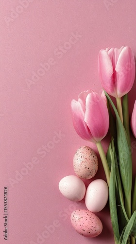 Spring Celebration With Pink Tulips and Decorated Eggs on a Pastel Background.