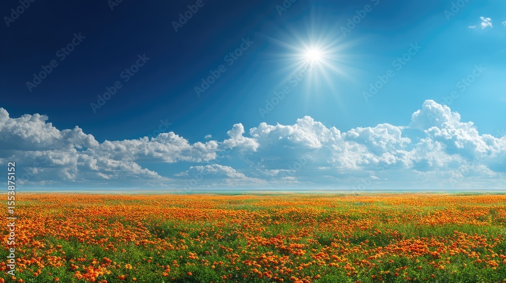 Obraz premium Extensive field of vibrant orange flowers under a vast, sunny sky.