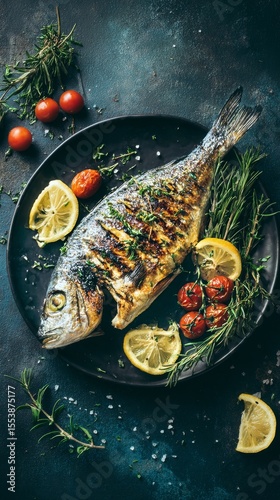 Grilled Fish With Lemon and Herbs on a Black Plate Ready for Serving at a Sum...