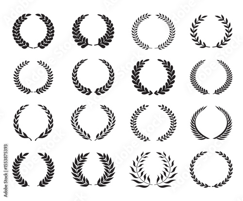 Set of black outline laurel icons.