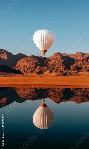 Hot Air Balloon Soaring Above Mountains With Reflection in Tranquil Water Bod...