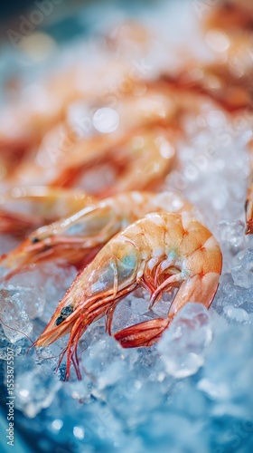 Fresh Shrimp Laid on Ice Ready for Sale at a Seafood Market During the Mornin...