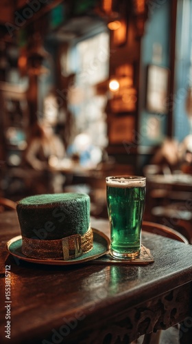 Celebrating St Patricks Day With Green Beer and Festive Hat in Lively Pub Atm...