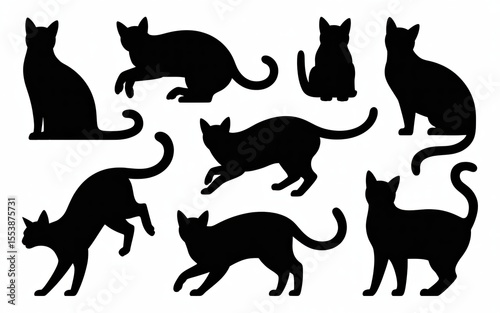 Elegant black cat silhouettes showcase feline grace and form for various creative designs or Halloween themed layouts.