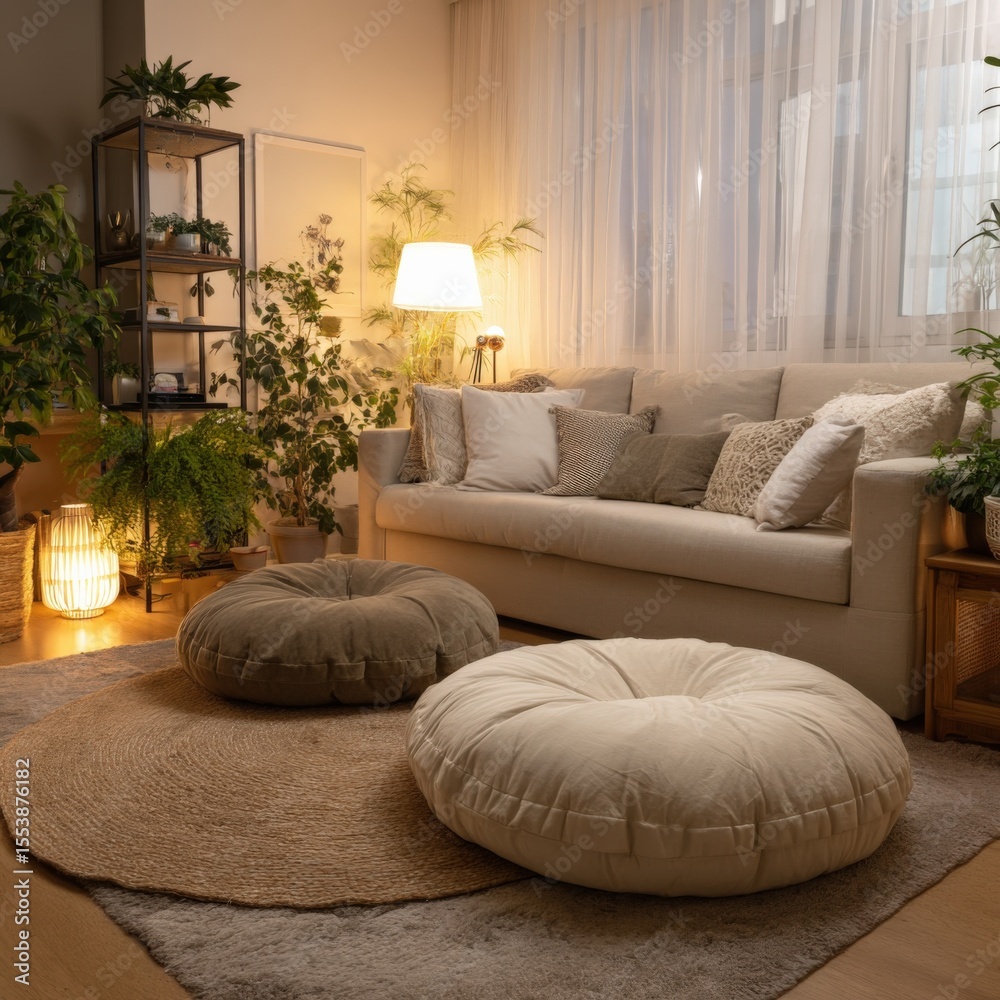Fototapeta premium Cozy modern living room interior with soft neutral tones warm lighting plush sofa multiple cushions indoor plants elegant decor relaxing ambiance
