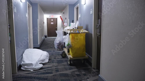 Cleaning cart sitting in hotel between rooms 4k

