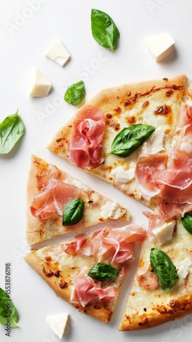 Delicious Pizza With Prosciutto and Fresh Basil Served on a White Background ...