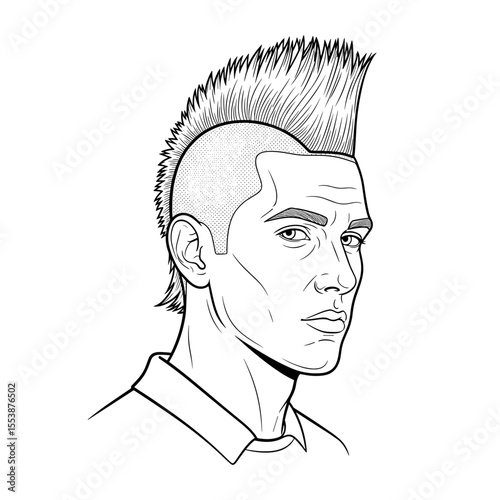 Mohawk or faux hawk with line details Profile portrait of a man with a mohawk hairstyle and a fierce expression, illustrated in black and white for barbershop theme.