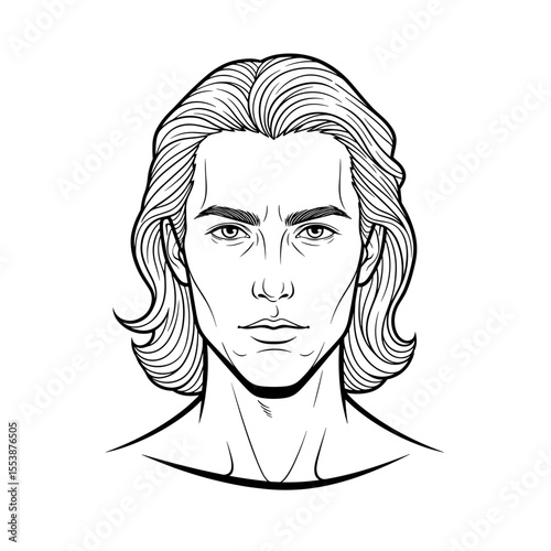 Long hair with center part and soft flow Portrait of a man with long hair and a serious expression, illustrated in black and white for barbershop theme.