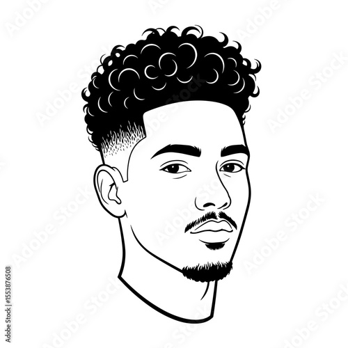 Curly top with drop fade and natural edge Profile portrait of a man with curly hair and a fade haircut, illustrated in black and white for barbershop theme.