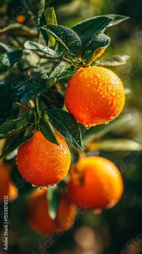 Fresh Oranges Hang on the Tree After a Light Rain in a Sunny Orchard During t...