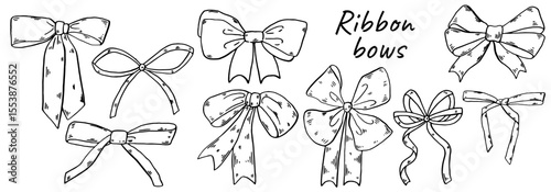 Ribbon bows set hand drawn. Decoration for holiday design or greeting card. Vector illustration