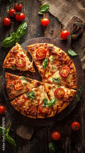Delicious Pizza With Fresh Tomatoes and Basil on a Rustic Wooden Table