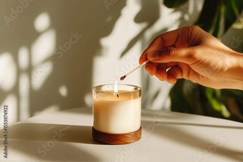 Candle Lighting Ritual in a Serene Indoor Setting With Natural Shadows Cast o...