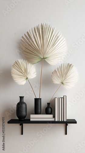 Decorative Shelf Display Featuring Preserved Plant Arrangements and Minimalis...