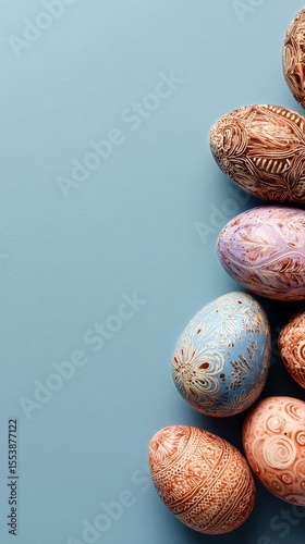 Beautifully Decorated Eggs Arranged on a Light Blue Surface for Spring Celebr...