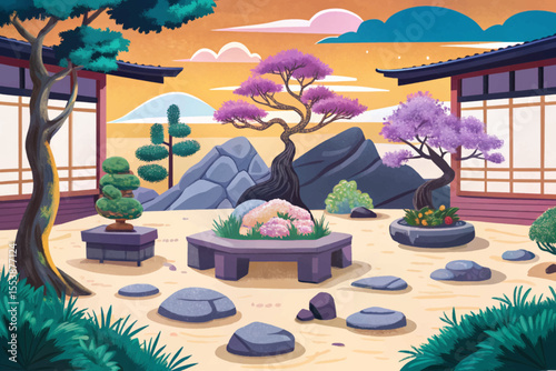Zen rock garden featuring carefully placed stones, bonsai trees, and a peaceful ambiance vector ideal for meditation, harmony, and Japanese aesthetics