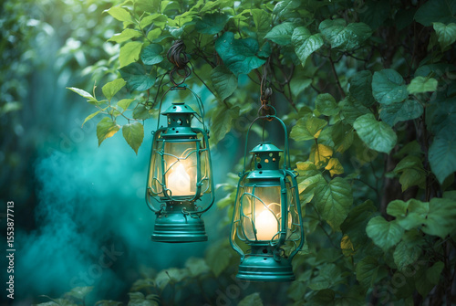Warm Glowing Lantern Suspended Among Lush Green Leaves