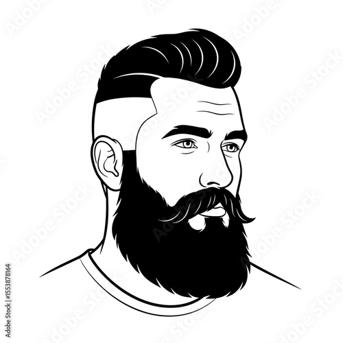 Man with full lumberjack beard and undercut hairstyle Profile portrait of a man with a stylish beard and high fade haircut, illustrated in black and white for barbershop theme.