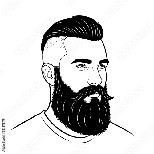 Man with full lumberjack beard and undercut hairstyle Profile portrait of a man with a stylish beard and modern hairstyle, illustrated in black and white for barbershop theme.