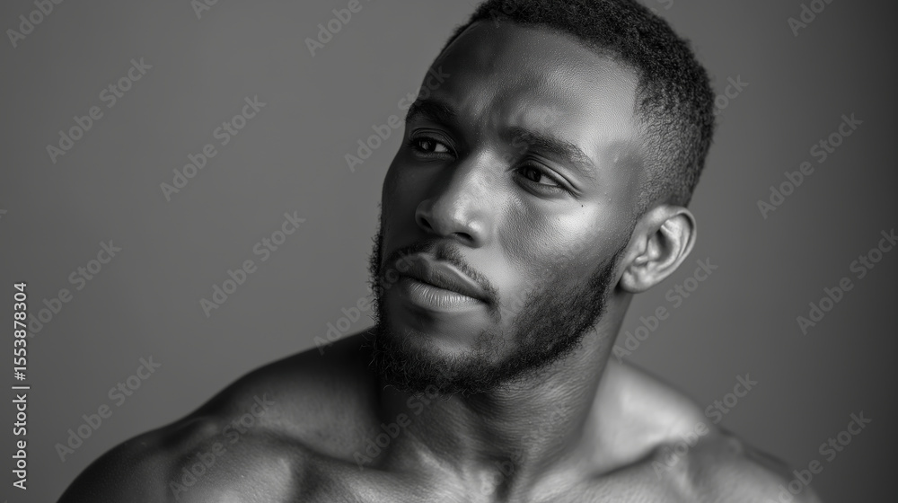 Fototapeta premium A striking black and white portrait of a confident man showcasing strength and determination.