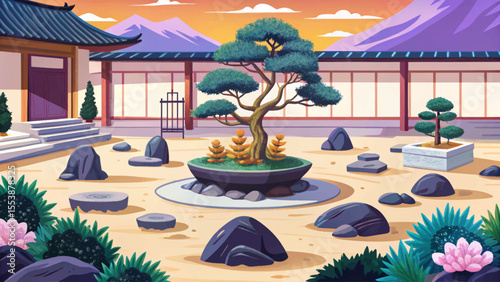 Zen rock garden featuring carefully placed stones, bonsai trees, and a peaceful ambiance vector ideal for meditation, harmony, and Japanese aesthetics