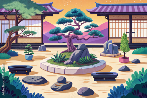 Zen rock garden featuring carefully placed stones, bonsai trees, and a peaceful ambiance vector ideal for meditation, harmony, and Japanese aesthetics