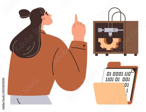 Woman observing 3D printer producing gear while reviewing coding data on clipboard. Ideal for technology, innovation, engineering, STEM, prototyping, digital fabrication, education. Simple flat