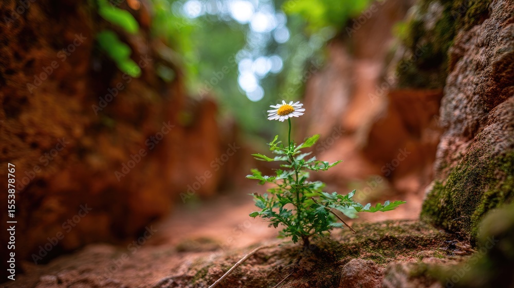 Fototapeta premium Small white flower growing from the ground between rocks.