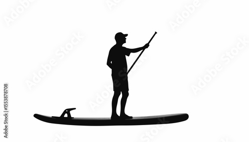 Silhouette of elderly man paddling on a paddleboard in black and white against a white background, concept of wellness and leisure activities.